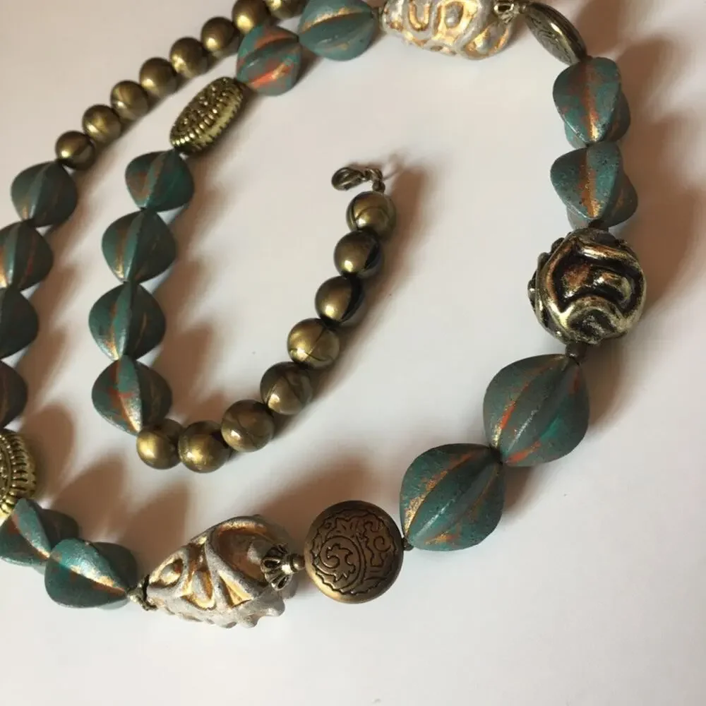 Teal / bronze / gold tone mixed textures statement necklace